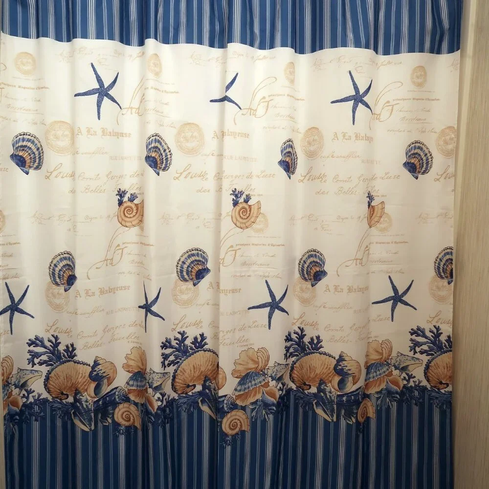 Caribbean Joe Tropical Shells and Stripes Fabric Shower Curtain